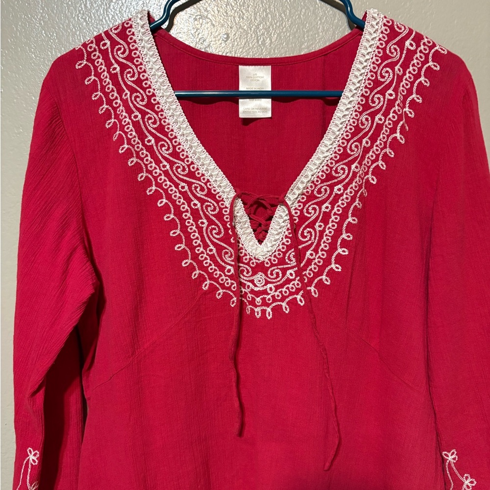 Pinkish Embroidered Boho Tunic with Fringe Size L - Picture 2 of 13
